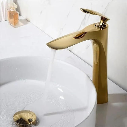 Faucet Golden Maple Leaf Faucet for Hot and Cold Household Use Raised Washbasin Countertop Basin Single Hole Faucet(Gold Short) Faucet