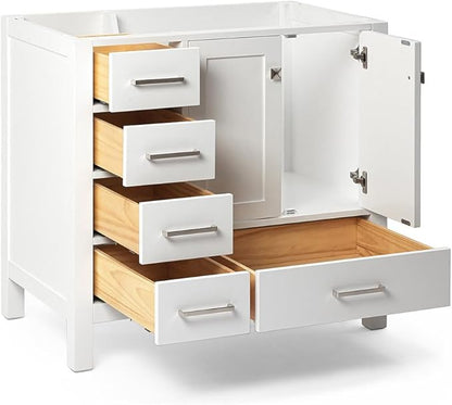 ARIEL Cambridge 36-inch Bathroom Vanity Base Cabinet,Solid Wood, 2 Soft Closing Doors, 5 Dovetail Drawers, White