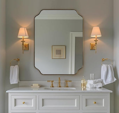 Brushed Gold Mirror, 24"x32" Bathroom Vanity Mirror, Unique Rectangular Bathroom Mirror with Stainless Steel Metal Framed, Wall Mounted Decorative Mirror (Horizontal/Vertical)