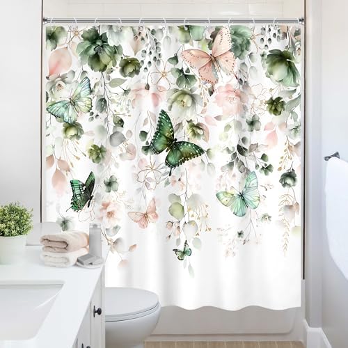 Green Pink Floral Butterfly Spring Summer Bathroom Shower Curtain Set