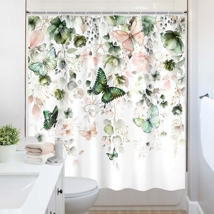 Green Pink Floral Butterfly Spring Summer Bathroom Shower Curtain Set