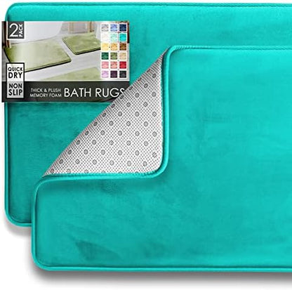 Clara Clark 2 Piece Bathroom Rugs Bath Mat Set, Velvet Memory Foam Bath Mats for Bathroom - Non-Slip, PVC Backing Bath Rugs, Washable - Dries Quickly, Teal