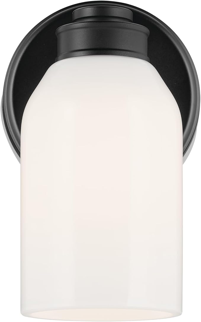 Kichler Shae 5" 1-Light Wall Sconce with White Opal Glass in Black, Modern, for Vanity, Fireplace, Buffet, Hallway, Vanity Mirror, (8.25" H x 5" W), 55200BK