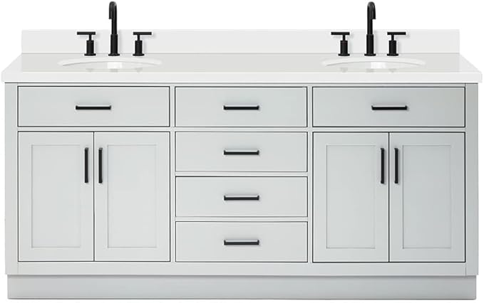 ARIEL Hepburn 72-inch Bathroom Vanity with Sink,Solid Wood, 1.5-inch Pure White Quartz Countertop & Backsplash, Double Oval Porcelain Sink, 4 Soft Closing Doors, 6 Dovetail Drawers, Grey