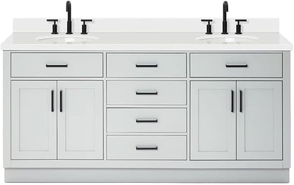 ARIEL Hepburn 72-inch Bathroom Vanity with Sink,Solid Wood, 1.5-inch Pure White Quartz Countertop & Backsplash, Double Oval Porcelain Sink, 4 Soft Closing Doors, 6 Dovetail Drawers, Grey