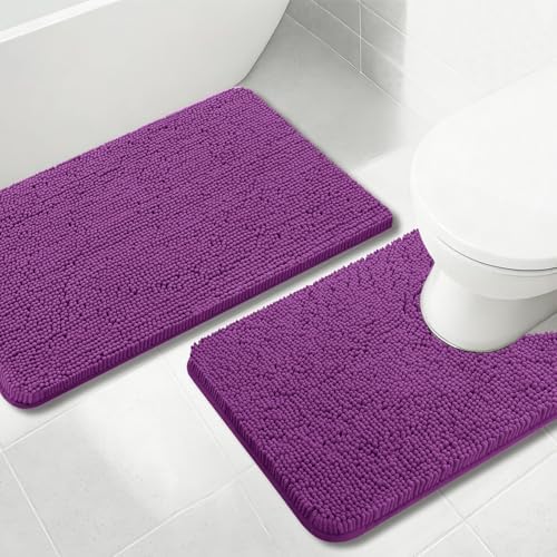 Bathroom Rugs Chenille, Extra Thick and Absorbent, Non-Slip, Machine Washable, Dry Quckily, Soft Cozy Plush, Used Under Shower Bathtub and Sink, Bath mat Sets Purple