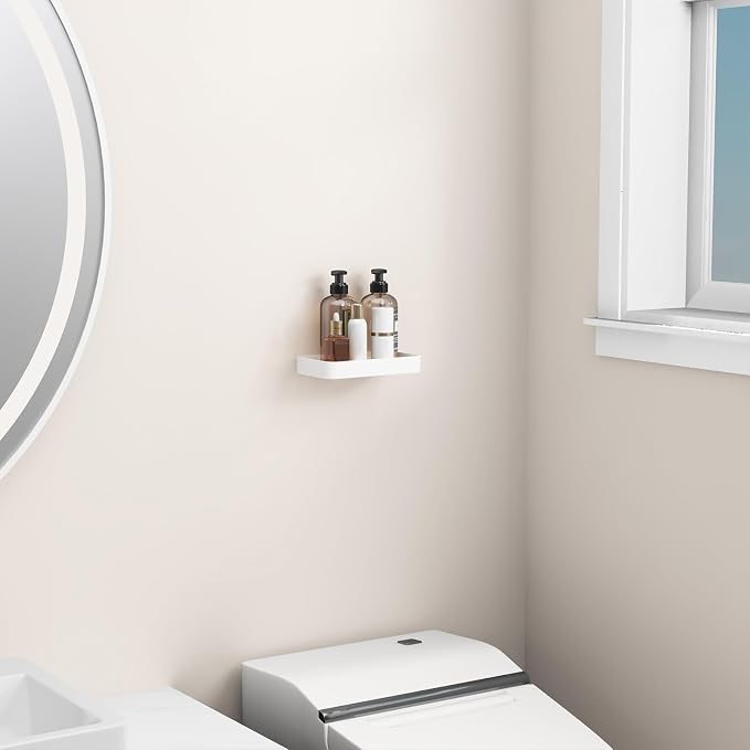8-Inch Small Wall Shelf, Clear Tempered Glass with Matte White Aluminum Frame – Sleek Floating Bathroom Organizer
