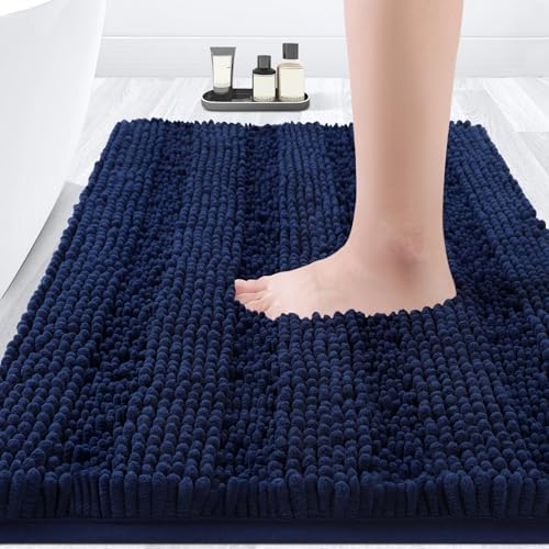ACCUMTEK Striped Navy Blue Bathroom Rug Mat 32"x20" Ultra Soft, Non Slip Chenille Bath Rugs, Absorbent Plush Shaggy Bath Mats for Bathroom, Bedroom, Kitchen, Shower, Tub