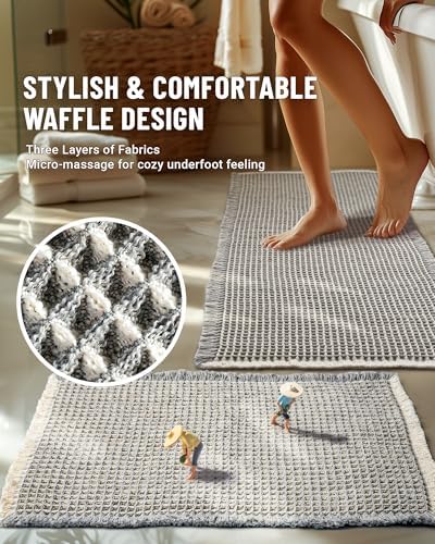 Furicher Large Waffle Bath Mat Set, Non Slip Bathroom Mat Ultra Absorbent Bath Mats for Decor, Extra Soft Floor Bathroom Rugs Sets 2 Piece, Washable Bath Rugs Set, Grey & White, 20"×47" and 16"×24"