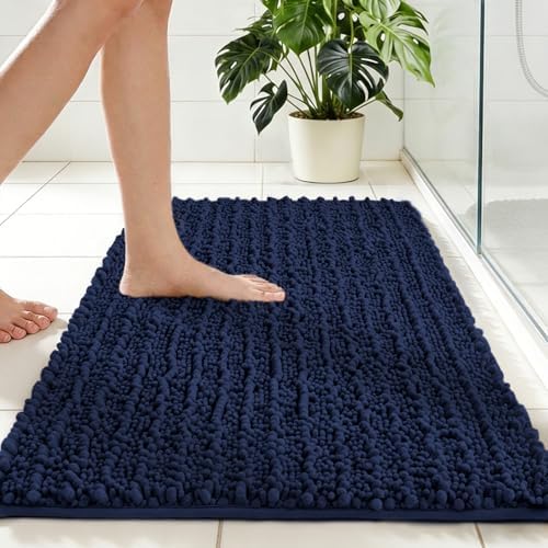 Disolla Small Bath Mat 17x24 Inch - Chenille Navy Blue Bathroom Rug, Extra Soft Absorbent Plush Shaggy Bathmat, Non-Slip Machine Washable Floor Mat for Shower, Tub and Sink