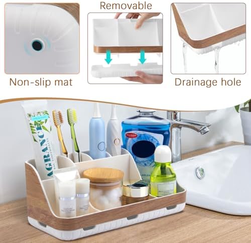 GFWARE Bathroom Countertop Organizer - Detachable 7 Slots Kids Electric Toothbrush and Toothpaste Holde Drainage for Bathroom Accessories Organization Counter Vanity Storage, Woodgrain
