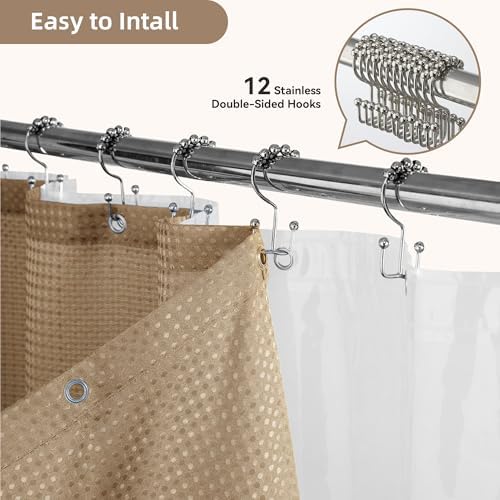 3 in 1 Shower Curtain Set, Waffle Shower Curtain and Liner Set with 12 Double Sided Shower Curtain Hooks, 72 x 84 Fabric Shower Curtains for Bathroom, Beige
