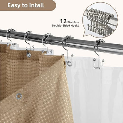 3 in 1 Shower Curtain Set, Waffle Shower Curtain and Liner Set with 12 Double Sided Shower Curtain Hooks, 72 x 84 Fabric Shower Curtains for Bathroom, Beige