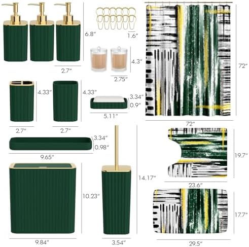 Bathroom Set - Bathroom Accessory Set, Dark Green Bathroom Set, 26PC Bathroom Sets with Shower Curtain and Rugs, Toilet Brush, Trash Can, Qtip Holder & Bathroom Soap Dispenser Set
