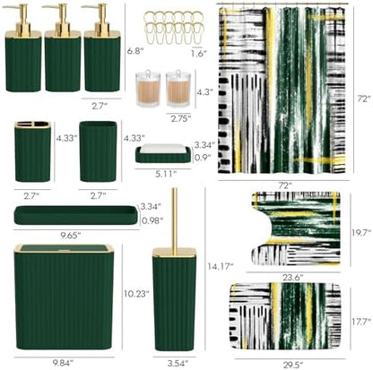 Bathroom Set - Bathroom Accessory Set, Dark Green Bathroom Set, 26PC Bathroom Sets with Shower Curtain and Rugs, Toilet Brush, Trash Can, Qtip Holder & Bathroom Soap Dispenser Set