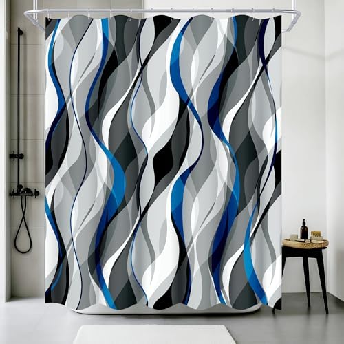 weesire Blue and Grey Shower Curtain for Bathroom Blue and Black Shower Curtain Fabric Modern Abstract Striped Minimalist Bath Curtains Waterproof Shower Curtains Set, Black Gray Blue, 72 x 72 Inch