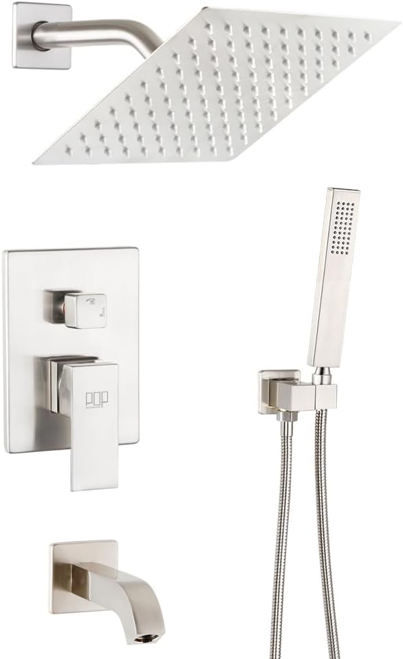 Shower Tub Faucet Set Brushed Nickel Bathroom 8 Inch Shower Head System with Tub Spout Wall Mounted Singe Handle Tub and Shower Trim Kit with Valve