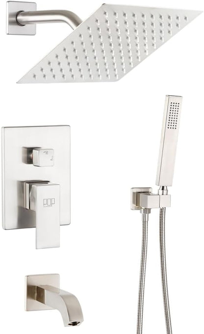 Shower Tub Faucet Set Brushed Nickel Bathroom 8 Inch Shower Head System with Tub Spout Wall Mounted Singe Handle Tub and Shower Trim Kit with Valve