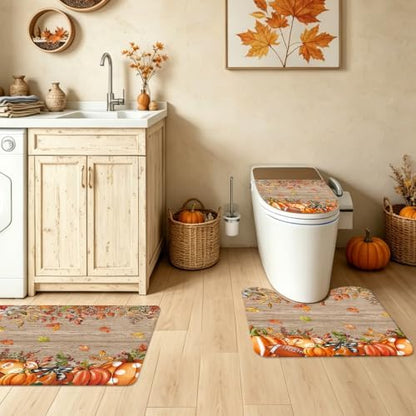 MEHOFOND Fall Shower Curtain Set 4-Piece Pumpkin Wood Bathroom Set