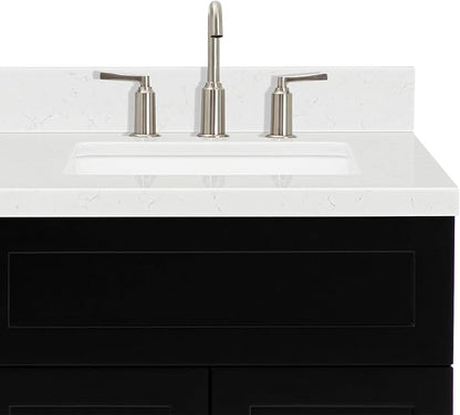 ARIEL Hamlet 60-inch Bathroom Vanity with Sink,Solid Wood, 1.5-inch Carrara White Quartz Countertop & Backsplash, Double Rectangular Porcelain Sink, 4 Soft Closing Doors, 3 Dovetail Drawers, Black