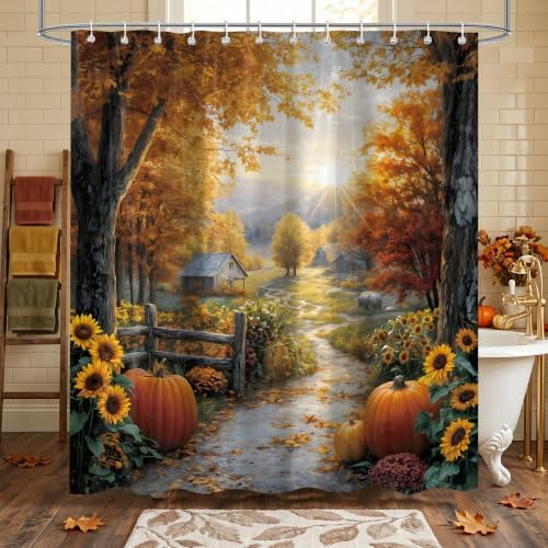 Autumn Country Road Shower Curtain, 72 x 78 Inch Fall Landscape Bathroom Curtain with Pumpkins, Sunflowers, Trees and Farmhouse Path Decor