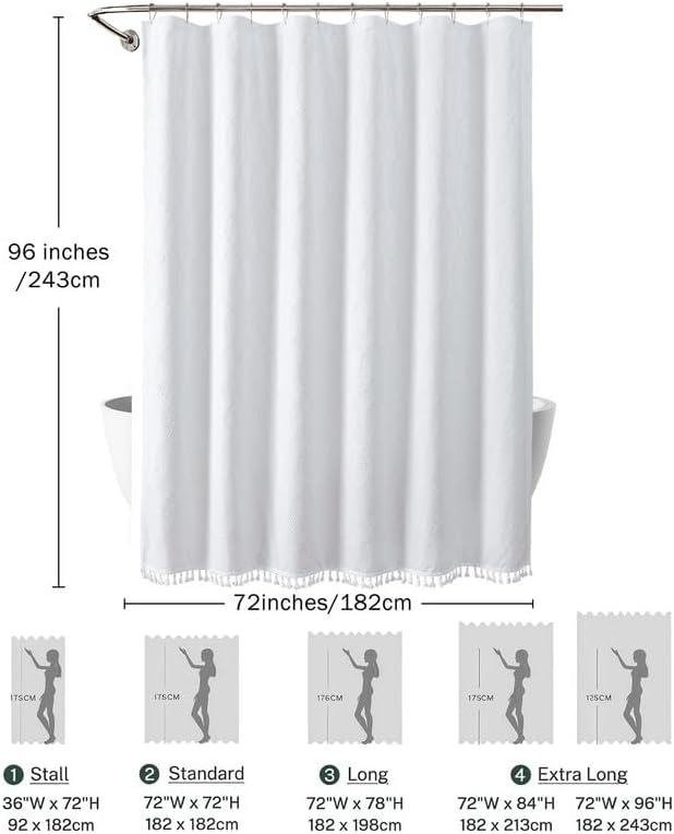 OVZME Extra Long White Shower Curtain 96 Inch Long, Puff Printed Textured Shower Curtain with Tassels, Tall Farmhouse Geometry Bathroom Curtain, Water Resistant Fabric, 72Wx96L Inches