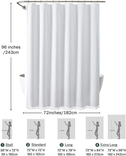 OVZME Extra Long White Shower Curtain 96 Inch Long, Puff Printed Textured Shower Curtain with Tassels, Tall Farmhouse Geometry Bathroom Curtain, Water Resistant Fabric, 72Wx96L Inches