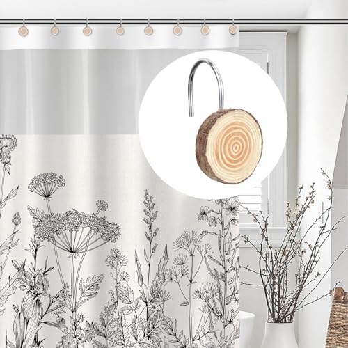 Sunlit Farmhouse Wooden Slices Shower Curtain Hooks, Rustic Home Decorative Shower Curtain Rings for Bathroom, Resin Shower Curtain Hangers Bathroom Accessories, Set of 12, Brown