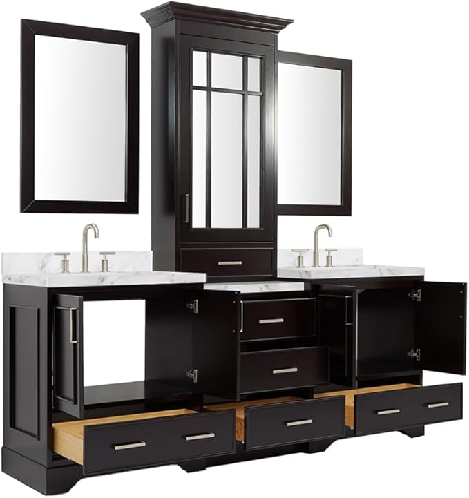 ARIEL Stafford 84-inch Bathroom Vanity with Sink,Solid Wood, 1.5-inch Italian Carrara Marble Countertop, Double Rectangular Porcelain Sink, 5 Soft Closing Doors, 6 Dovetail Drawers, Espresso