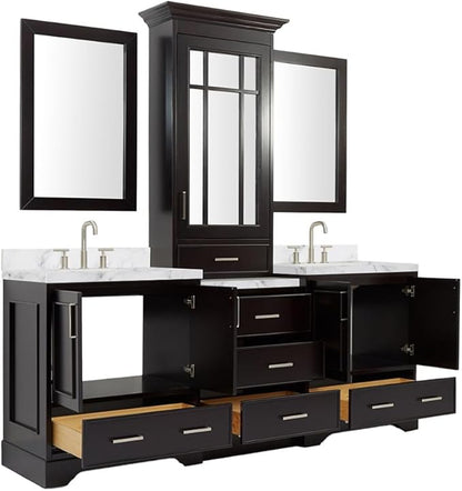 ARIEL Stafford 84-inch Bathroom Vanity with Sink,Solid Wood, 1.5-inch Italian Carrara Marble Countertop, Double Rectangular Porcelain Sink, 5 Soft Closing Doors, 6 Dovetail Drawers, Espresso