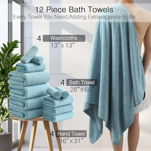 Hailea Luxury Bath Towels Set - 12 Piece (4 Large Bath Towels,4 Hand Towels,4 Washcloths), 100% Microfiber,Extra Absorbent Super Soft & Quick Dry,Complete Family Pack for Bathroom Gym Pool,Turquoise
