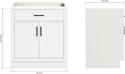 ARIEL Hepburn 30-inch Bathroom Vanity Base Cabinet,Solid Wood, 2 Soft Closing Doors, 1 Dovetail Drawers, White