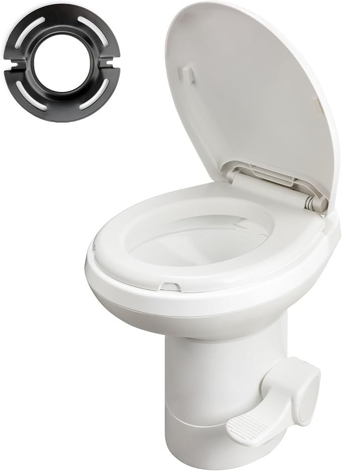 Gravity Flush RV Toilet, White, ABS Plastic with Foot Pedal Flush Mechanism, Standard Height, RV-Specific Model