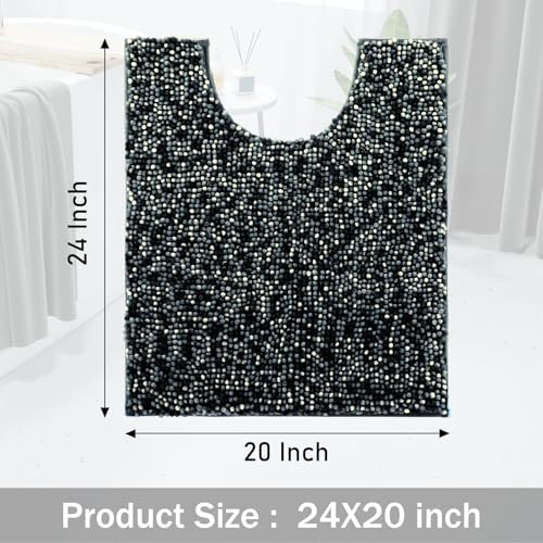 Yimobra Luxury Chenille U-Shaped Toilet Rug, Super Soft Shaggy Contour Bath Mat for Bathroom Floor, Fluffy, Water Absorbent, Non Slip, Machine Washable, Dry Quickly, 24''x 20'', Black & Dark Grey