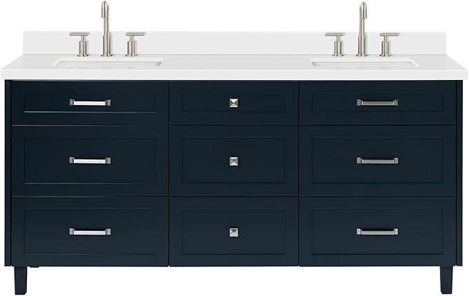 ARIEL Monroe 72-inch Bathroom Vanity with Sink,Solid Wood, 1.5-inch Pure White Quartz Countertop & Backsplash, Double Oval Porcelain Sink, 9 Dovetail Drawers, Brushed Nickel, Midnight Blue