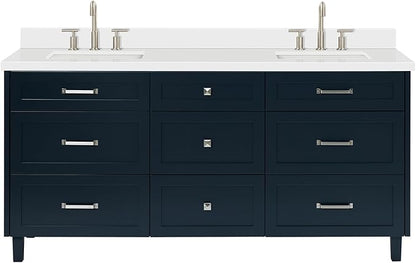 ARIEL Monroe 72-inch Bathroom Vanity with Sink,Solid Wood, 1.5-inch Pure White Quartz Countertop & Backsplash, Double Oval Porcelain Sink, 9 Dovetail Drawers, Brushed Nickel, Midnight Blue