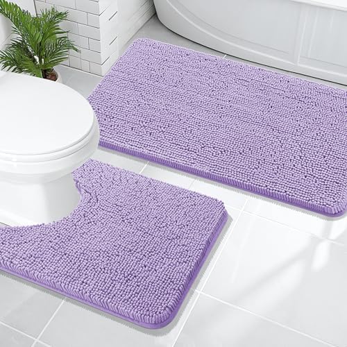 OLANLY Chenille Bathroom Rugs Mats Sets 2 Piece, 47"x20"+24"x20", Lavender