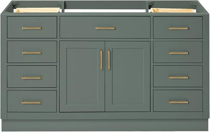 ARIEL Hepburn 60-inch Bathroom Vanity Base Cabinet,Solid Wood, 2 Soft Closing Doors, 9 Dovetail Drawers, Vintage Green