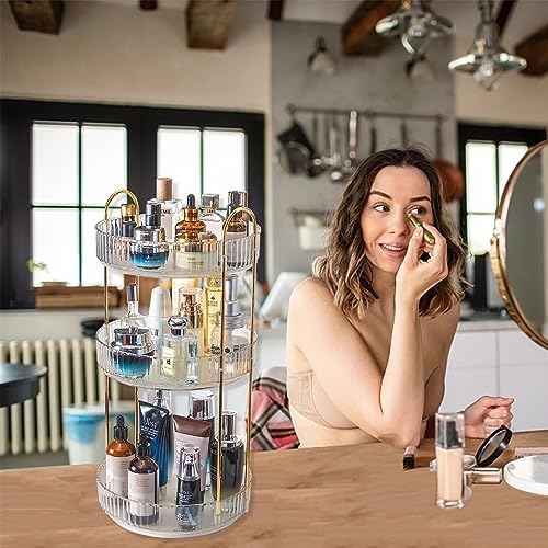 Asayuee 360 Rotating Makeup Organizer,3 Tier Large Capacity Make Up Organizers and Storage,Skincare Perfume Vanity Organizers,Bathroom Cosmetics Storage Organizer Countertop (Clear-3 Tier)