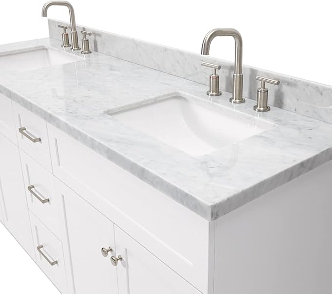 DKB Bradford 72 Inch Bathroom Vanity Double Sink — White Bathroom Vanity with Sink, 1.5" Edge Italian Carrara Marble Countertop & Backsplash, 4 Soft-Close Doors, and 3 Dovetail Drawers