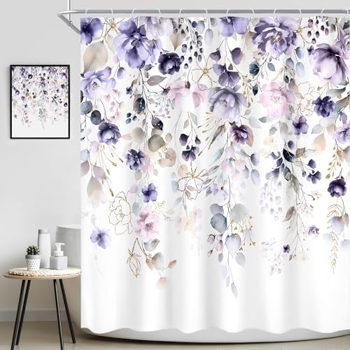Purple Floral Girls Girly Boho Watercolor Bathroom Shower Curtain Set