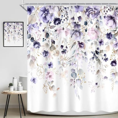 Purple Floral Girls Girly Boho Watercolor Bathroom Shower Curtain Set
