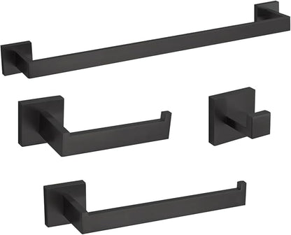 4-Piece Bathroom Hardware Set, Towel Rack Towel Bar Towel Holder Toilet Paper Holder Matte Black Towel Hooks Modern Square Stainless Steel Wall Mounted Bathroom Accessories Set, 23inch