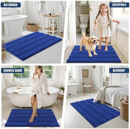 Grandaily Chenille Striped Bathroom Rugs 30x20, Extra Thick and Absorbent Bath Mats, Non-Slip Soft Plush Shaggy Shower Carpet, Machine Wash Dry, Bath Rug for Bathroom, (Medium, Cobalt Blue)