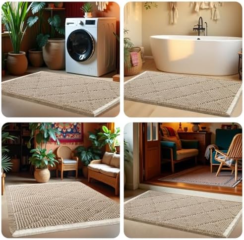 Waffle Bath Mat, Boho Woven Modern Bath Rug Absorbent Non Slip, Ultra Soft Bathroom Mats, Machine Washable Knit Bath Rugs with Rhombus for Bathroom, Bedroom, Kitchen, Shower, 32"x20", Beige & White
