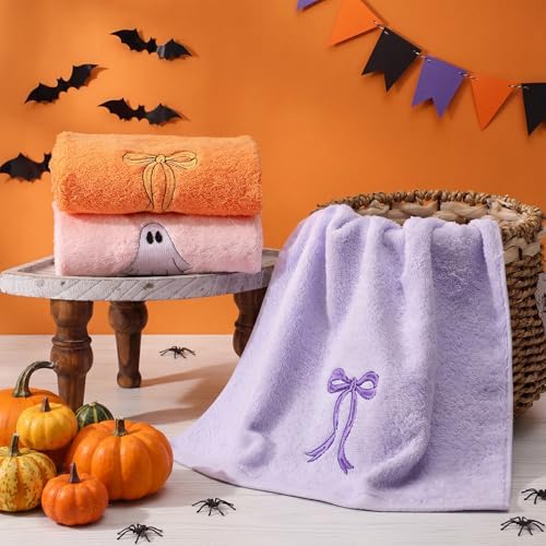 FuWeave 3 Pcs Purple Orange Halloween Ghost Hand Towels for Bathroom