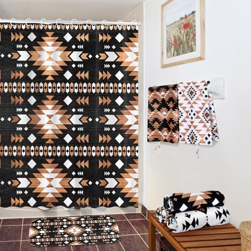 FuWeave 8 Pcs Aztec Shower Curtain Set, Southwestern Bathroom 12 Hooks