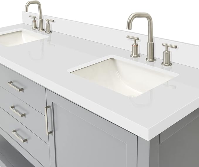 ARIEL Bayhill 72-inch Bathroom Vanity with Sink,Solid Wood, 1.5-inch Pure White Quartz Countertop & Backsplash, Double Rectangular Porcelain Sink, 2 Soft Closing Doors, 3 Dovetail Drawers, Grey