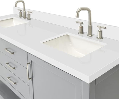 ARIEL Bayhill 72-inch Bathroom Vanity with Sink,Solid Wood, 1.5-inch Pure White Quartz Countertop & Backsplash, Double Rectangular Porcelain Sink, 2 Soft Closing Doors, 3 Dovetail Drawers, Grey