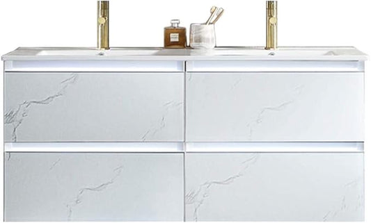 Blossom 48 inch Double Bathroom Vanity with Ceramic Sinks, LED Lighted | Wall Mounted Floating Vanity with 2 Sinks, Dimmable LED Lights | Modern Floating Design for Bathrooms | Calacatta White